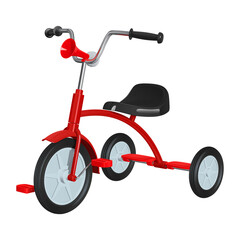 Детский трехколесный красный велосипед с черным сидением и рулем, с резиновым пневматическим гудком спереди, 

изолированный на белом фоне