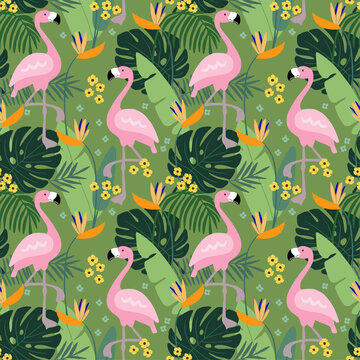 Tropical jungle seamless pattern with flamingo bird, palm leaves and flowers. Flat design, vector illustration background.