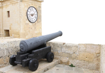 Fototapeta na wymiar Vintage cast iron cannon on the Bastion of the old fortress. Photo on a white background.