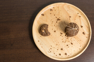 chocolate chip cookies on wood background