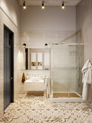 Rustic Provence Loft Bathroom Shower WC Room Interior Design with Shower, Toilet and Bidet. 3d rendering