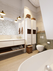 Rustic Provence Loft Bathroom WC Room Interior Design with Large White Washbasin, Oval Bath, Toilet. 3d rendering