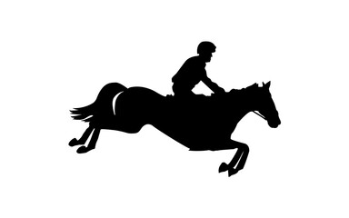 Horse race. Equestrian sport. Silhouette of racing horse with jockey. Jumping. Third step.