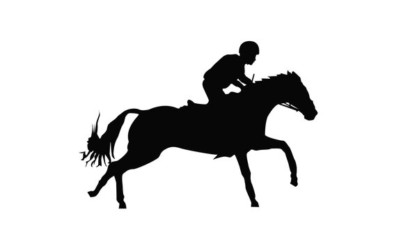 Horse race. Equestrian sport. Silhouette of racing horse with jockey. Jumping. First step.