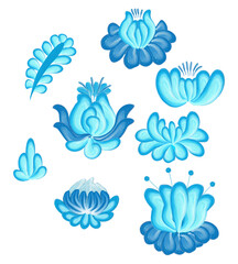 Blue Folk Flowers - Gzhel Folk Art Painting Clipart - Vector Illustration 