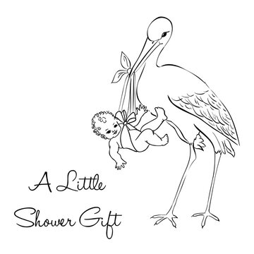 Stork with New Baby -  Baby Shower Invitation -  Greeting Card Background - Vector Illustration 