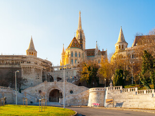 Fototapeta na wymiar Front view of staircase of Fisherman Bastion on the Buda Castle Hill in Budapest, Hungary. Sunny autumn day shot.