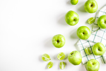 fitness food with green apples on white background top view mockup