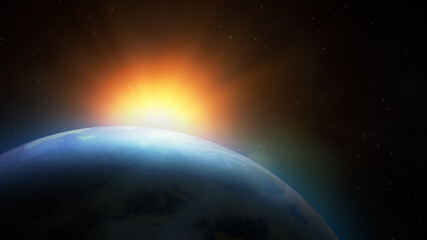 Zonsopgang boven de aarde. Denkbeeldige weergave van de planeet aarde in de ruimte met de rijzende zon.