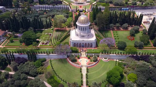 The Bahai temple and gardens - Aerial footage along the entire gardens 