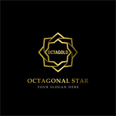 Gold Octagonal Star Logo Vector in elegant Style with Black Background