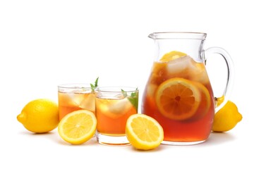 Obraz na płótnie Canvas Pitcher of iced tea with two glasses and lemons isolated on a white background