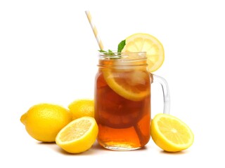 Mason jar glass of iced tea with lemons and straw isolated on a white background
