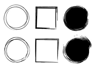 Set of Black Grunge Circle Stains, Shapes. Vector illustration. Hand Drawn Ink Collection. - 157343908