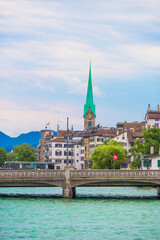 View of the historic city center of Zurich with famous Fraumunster Church and river Limmat, Switzerland