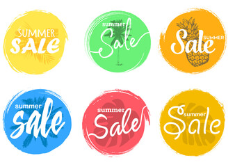 Summer Sale hand drawn lettering. Set of colorful universal use circles, signs, badges, stickers, backgrounds for advertising, text, business, promotion. Vector illustration.