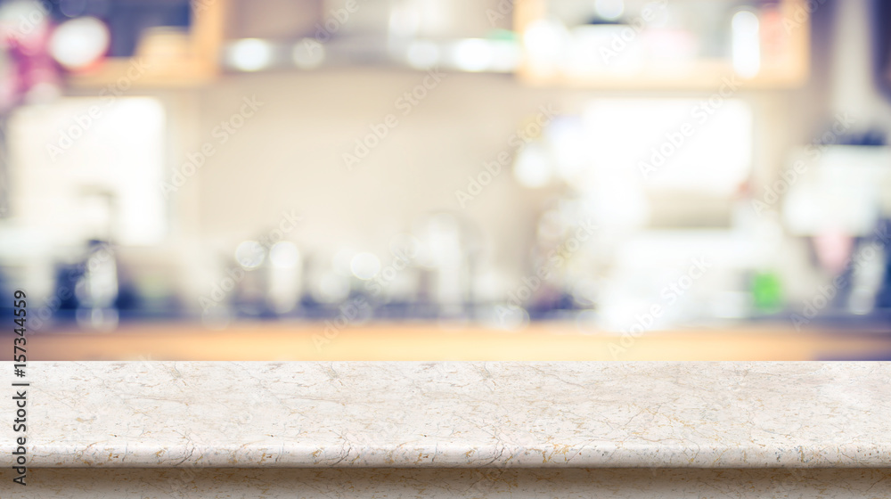 Aufkleber Empty marble table top view with blurred home kitchen,Mock up template for display or montage of your design,Banner for advertise of product,panorama view