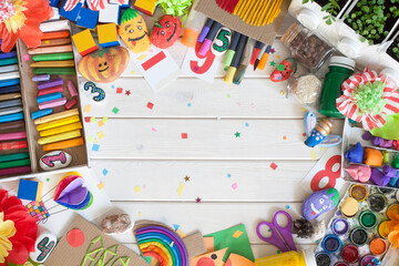 Materials for children's creativity. Drawings, plasticine, crafts.