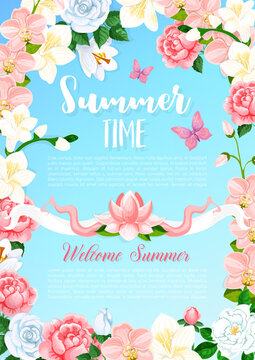 Summer time flowers greeting vector poster