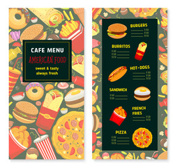 Vector fast food menu for cafe or restaurant