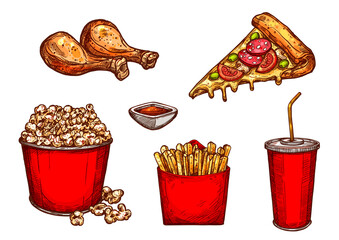 Vector sketch icons fast food snacks and drinks