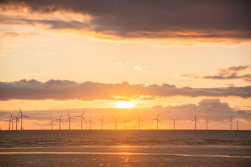 a beautiful sunset with awesome sun golden reflection on calm waves as a background and a lot of wind turbine in the middle of sea