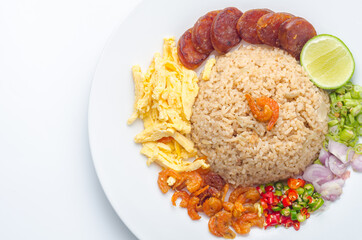 Rice Seasoned with Shrimp Paste, Thai food, Thai cuisine on white dish over white table.
