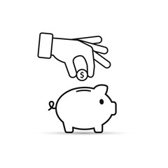 Piggy bank and hand with coin black outline icon. Vector.