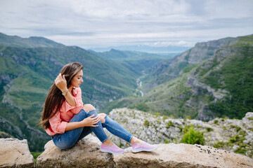 woman relax and dream in mountains