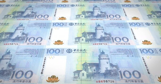 Banknotes of one hundred macanese patacas of Macau rolling, cash money, loop