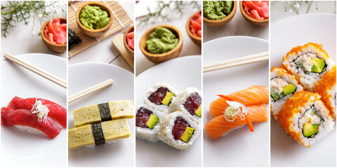 various sushi japanese food on a collage