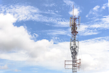 Communication antenna tower with the sky background in close-up scene.Telecommunication concept.