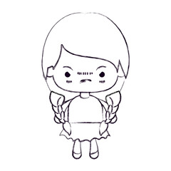 blurred thin silhouette of kawaii little girl with braided hair and facial expression angry vector illustration