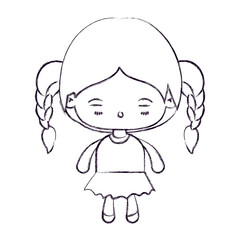 blurred thin silhouette of kawaii little girl with braided hair and facial expression tired vector illustration