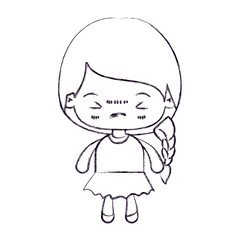 blurred thin silhouette of kawaii little girl with braided hair and facial expression angry with closed eyes vector illustration