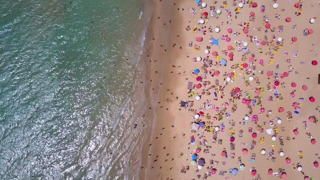 Tropical beach with colorful umbrellas - Top down aerial view