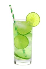 Glass of sparkling limeade with straw isolated on a white background