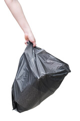 A yung girl hold a garbage bag isolated on white background., This has clipping path.