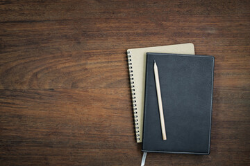 Top view., Equipment and supplies for work on wooden table., Business desk table.
