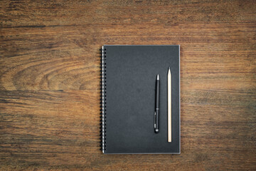 Top view., Equipment and supplies for work on wooden table., Business desk table.
