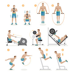Fototapeta na wymiar Gym exercises machines sports equipment. Vector Illustration.