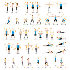 Fototapeta na wymiar Man and woman workout fitness, aerobic and exercises. Vector illustrations.