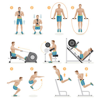 Gym exercises machines sports equipment. Vector Illustration.