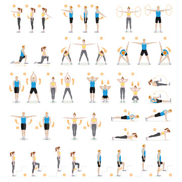 Man and woman workout fitness, aerobic and exercises. Vector illustrations.