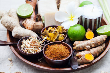 Spa, heath care set of essential oil, soap, spices