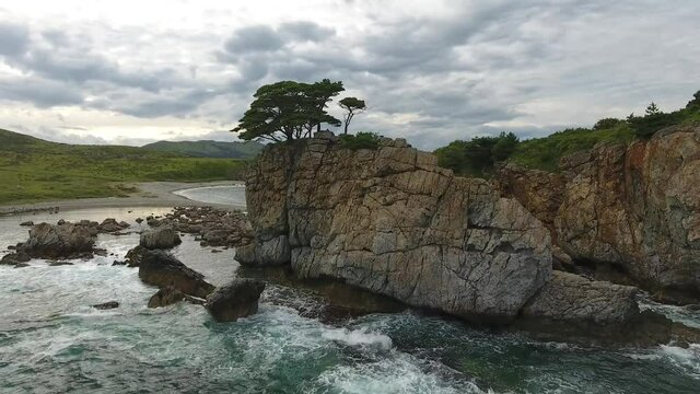 Forward close to grey cliff rock with one tree. Giant waves. Far East marine reserve. Vladivostok unique national Park best Russia nature. Stormy dark clouds. Epic cinematic aerial drone flight 4k 