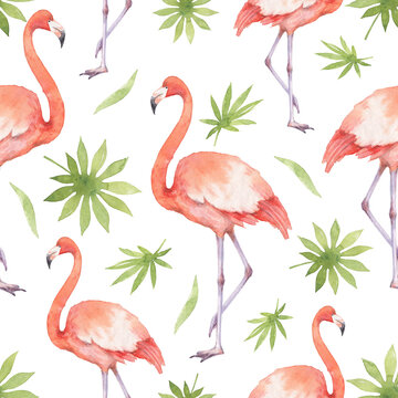 Watercolor seamless pattern of flamingo and palm trees isolated on white background.