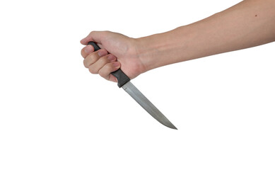 small kitchen knife in man hand seems hold on back isolated with white background