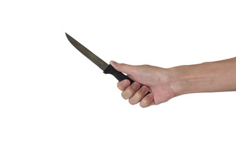 small kitchen knife in man hand isolated with white background