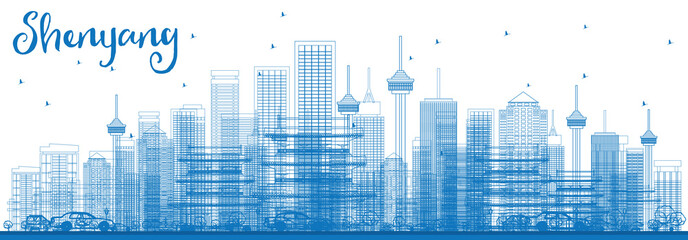 Plakat Outline Shenyang Skyline with Blue Buildings.